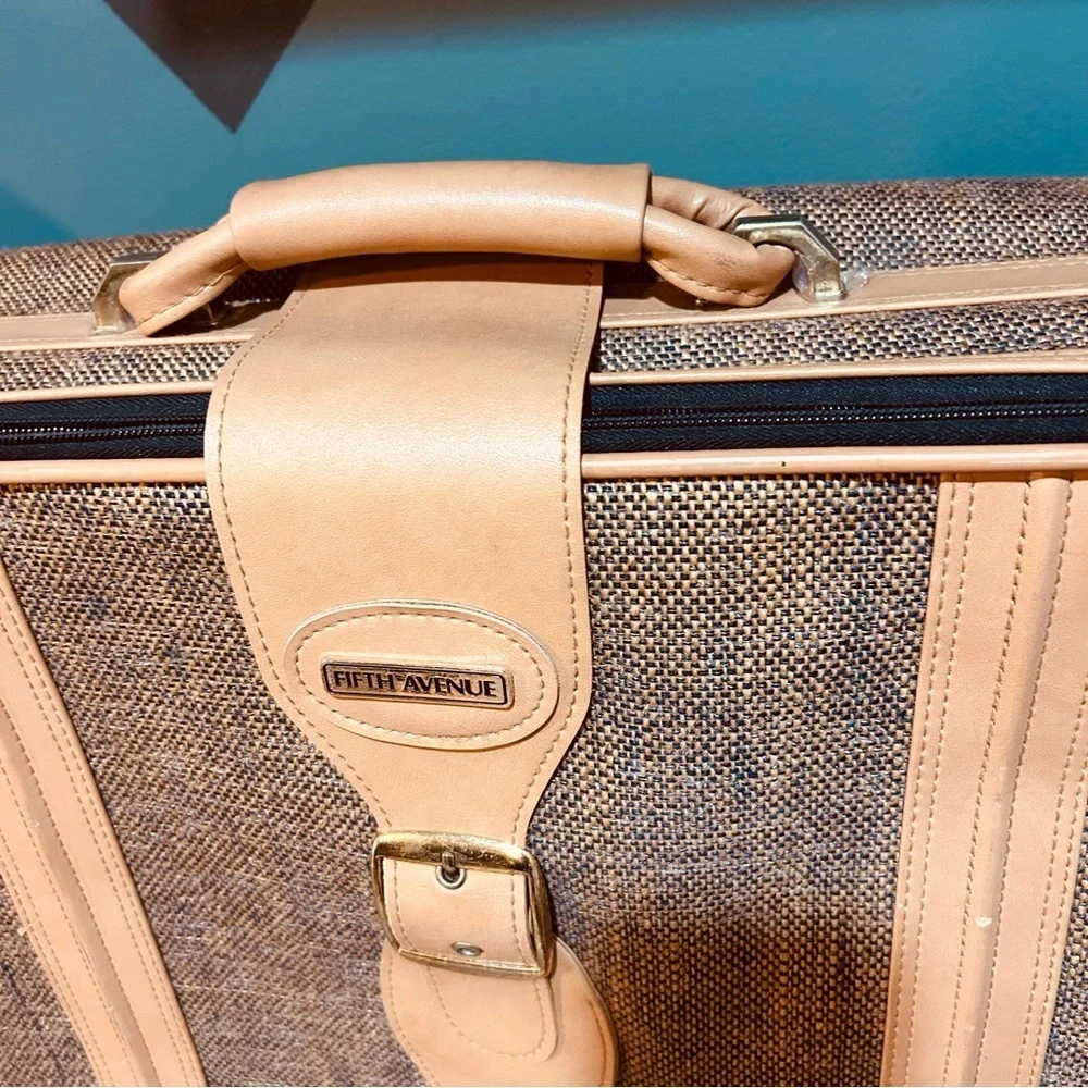 Vintage Fifth Avenue Tweed Hard-Sided Suitcase Tan Leather Trim